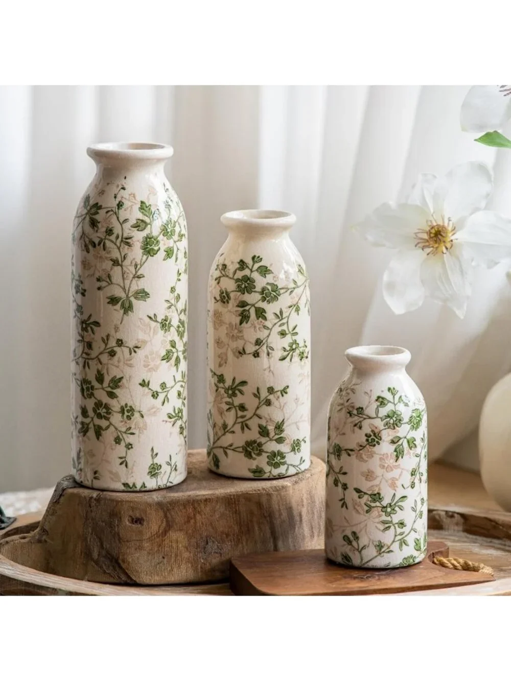 Charming Vintage Ceramic Vase Set of 3 - Rustic Chinoiserie Home Decor, Green